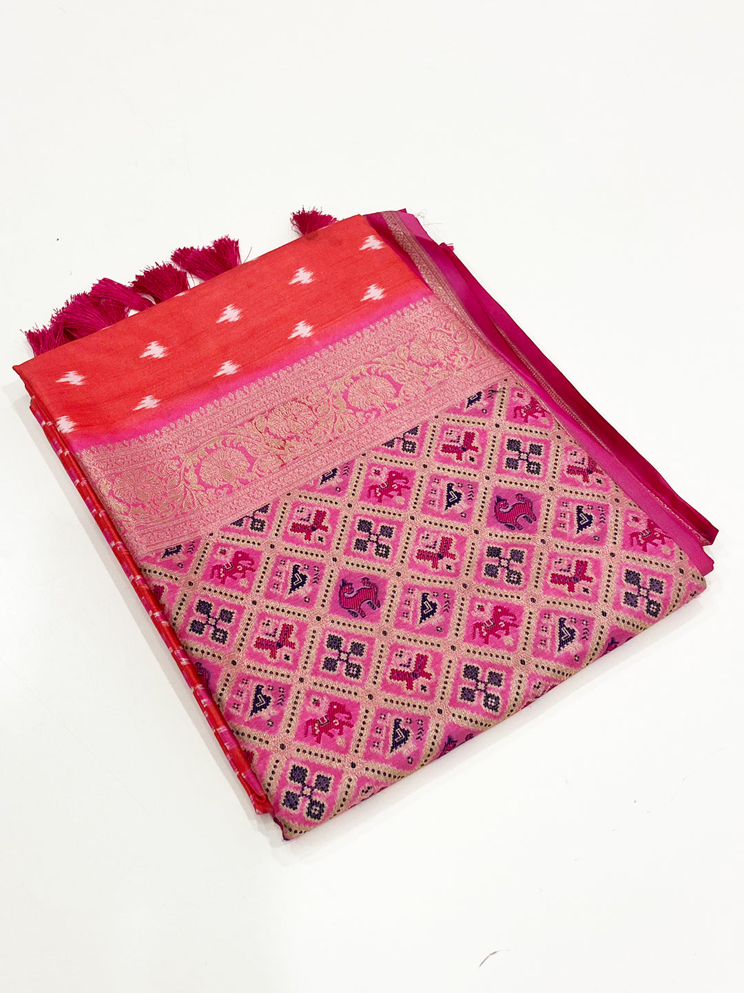 Red Banarasi Ikkat Print Saree