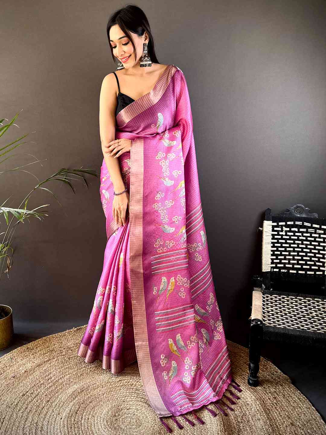 Pink Chanderi Check Sparrow Print Saree