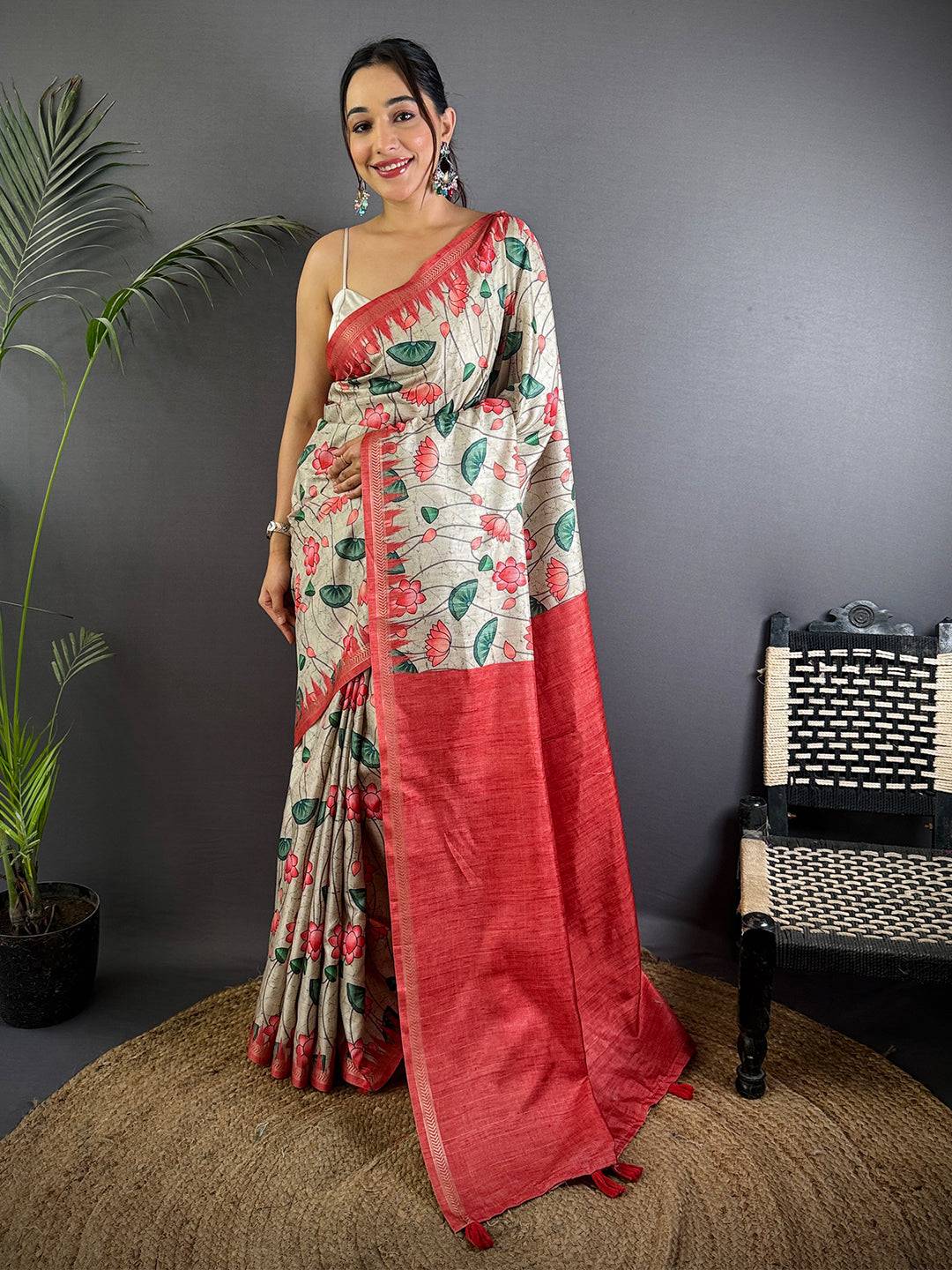 Beige Pichwai Print Tussar Silk Saree

