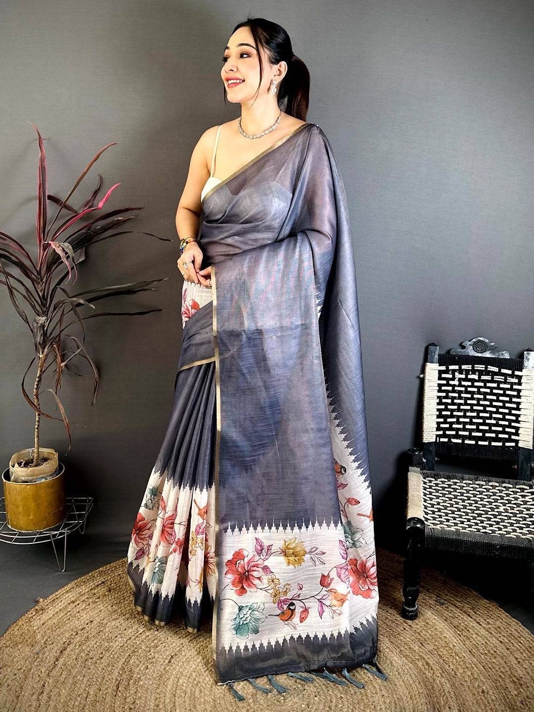 Grey Floral Ikat Linen Chanderi Saree