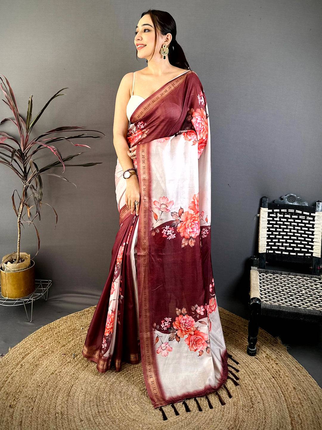 Maroon Soft Silk Floral Lehriya Print Saree