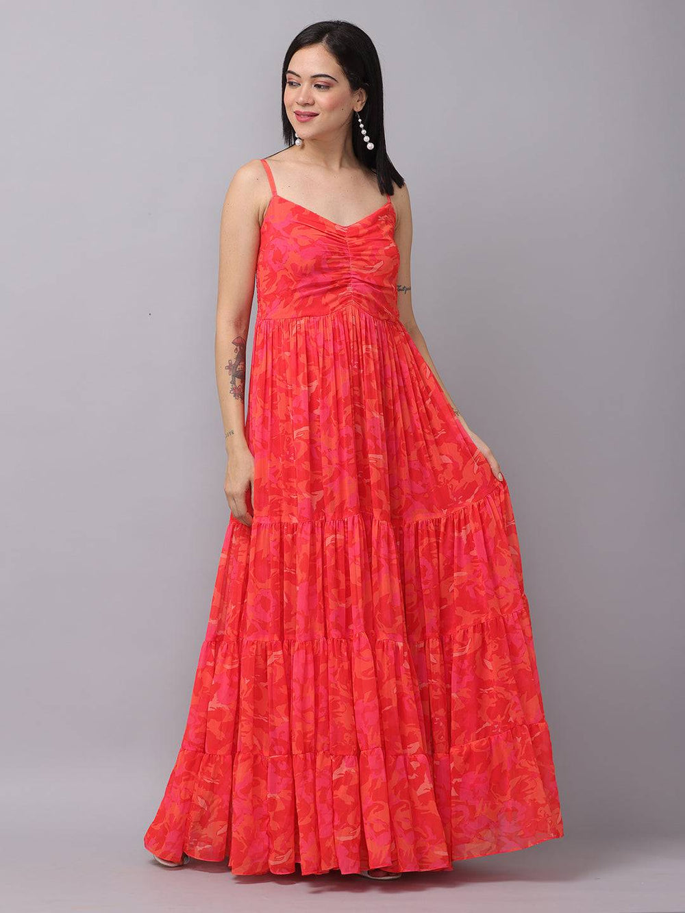 Radiant red floral ruched maxi dress front view