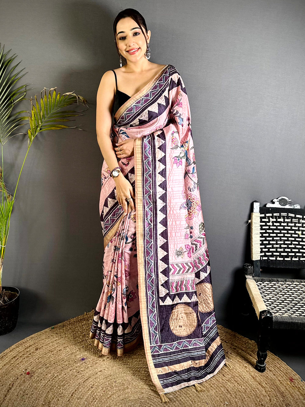 Opulent Ajrakh Kalamkari Tussar Saree


