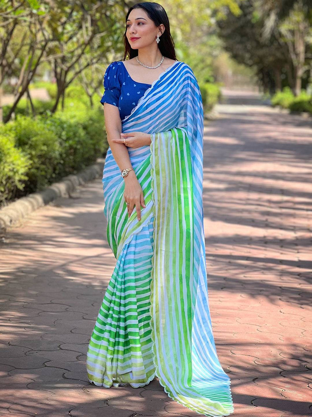 Elegant Leheriya Saree with blue and green stripes