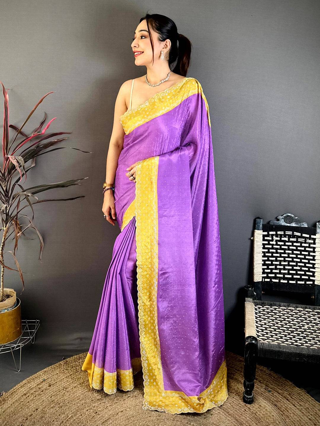 Purple Poly Chiffon Diamond Stone Work Saree