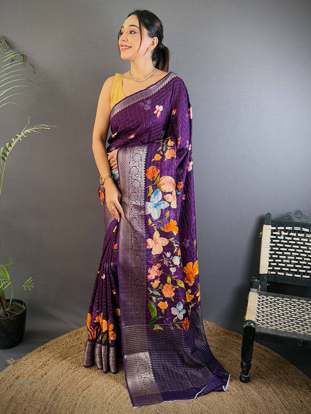 Deep Purple Floral Kalamkari Viscose Saree