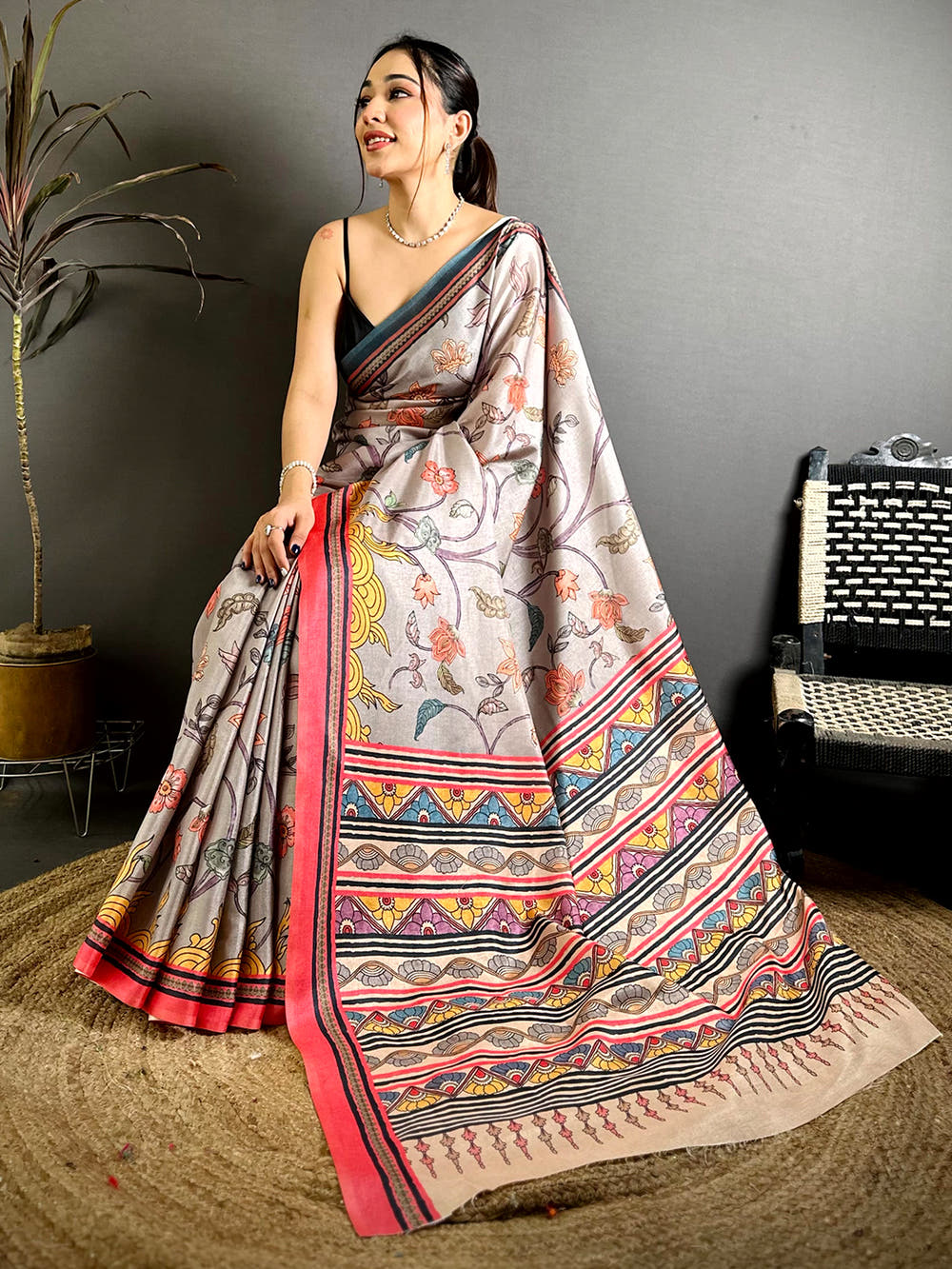 Celebrity Kalamkari Printed Tussar Saree
