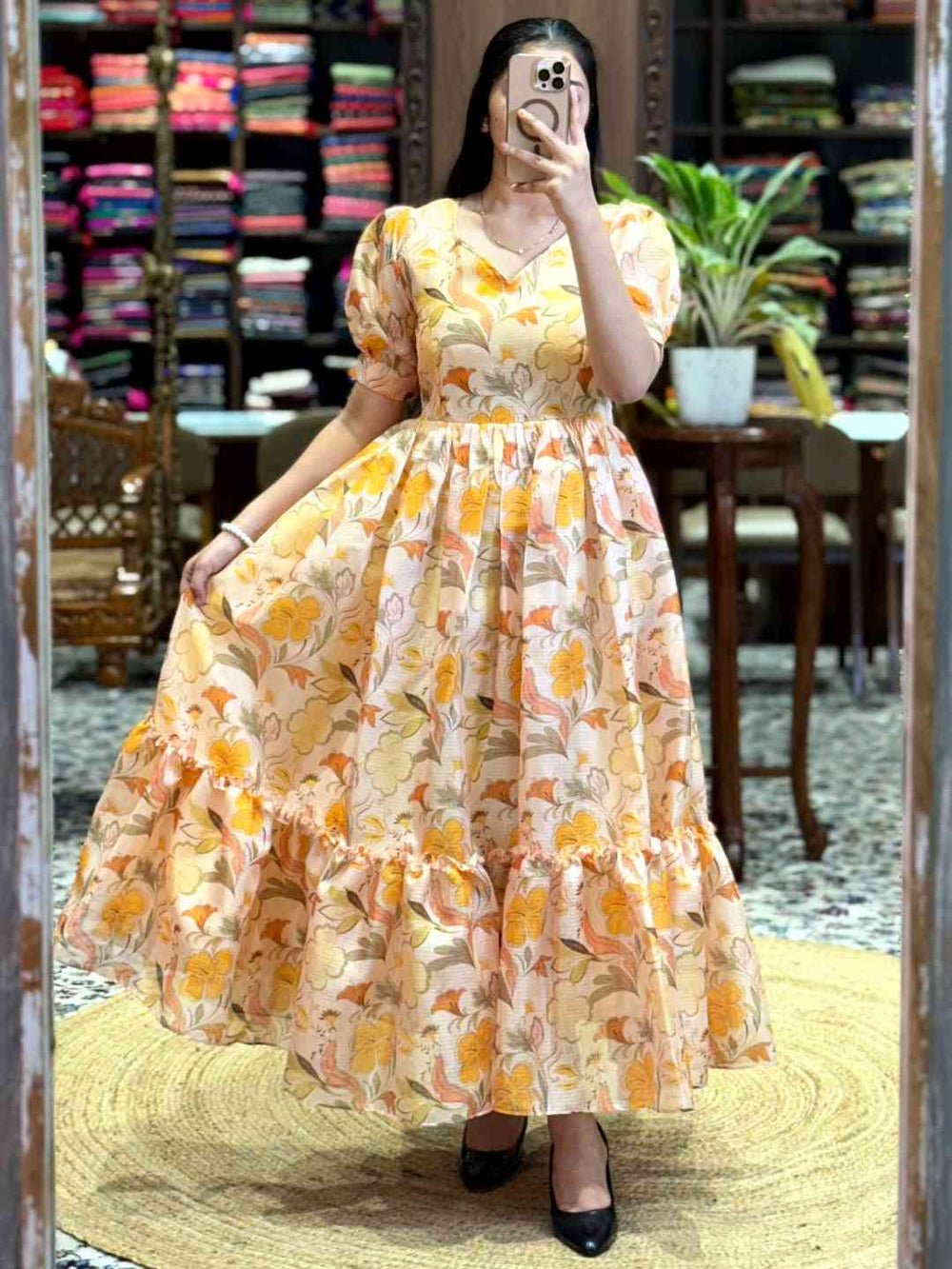 Light Yellow Floral Print Midi Dress