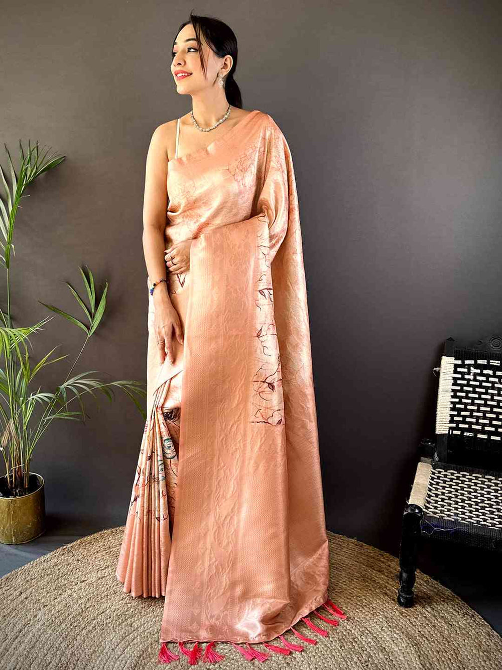Salmon Pink Kanjivaram Digital Silk Saree