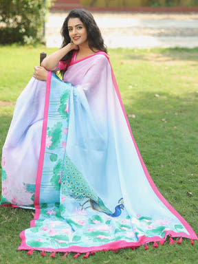 Satin Georgette Light Pink Colour Hand Print Saree