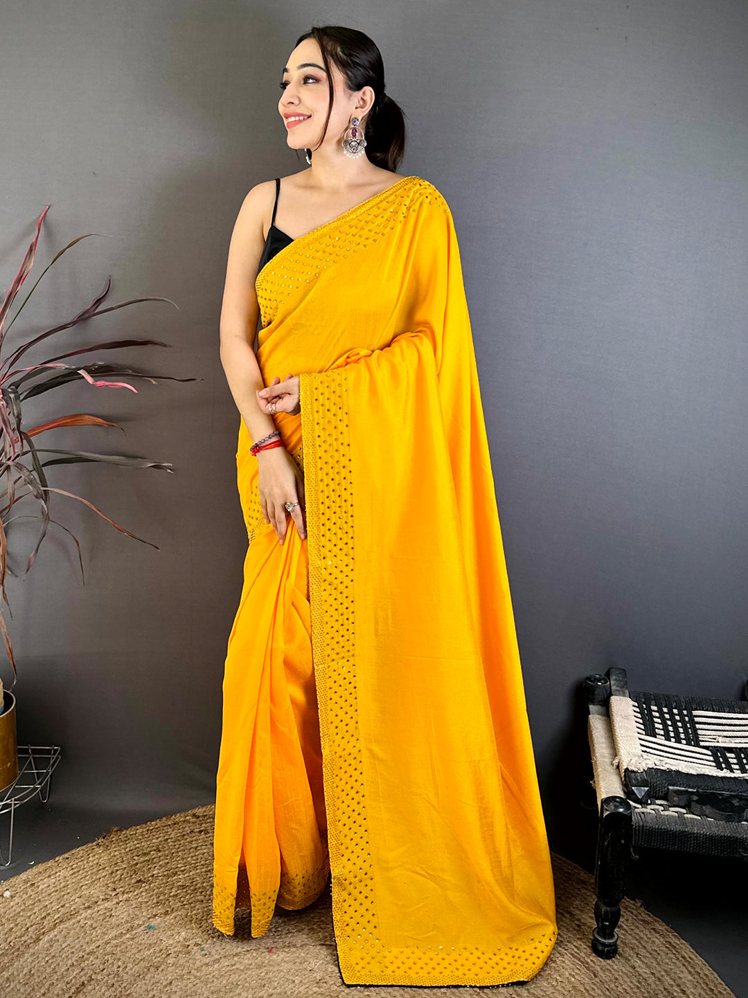 Yellow Vichitra Silk Mirror Work Saree