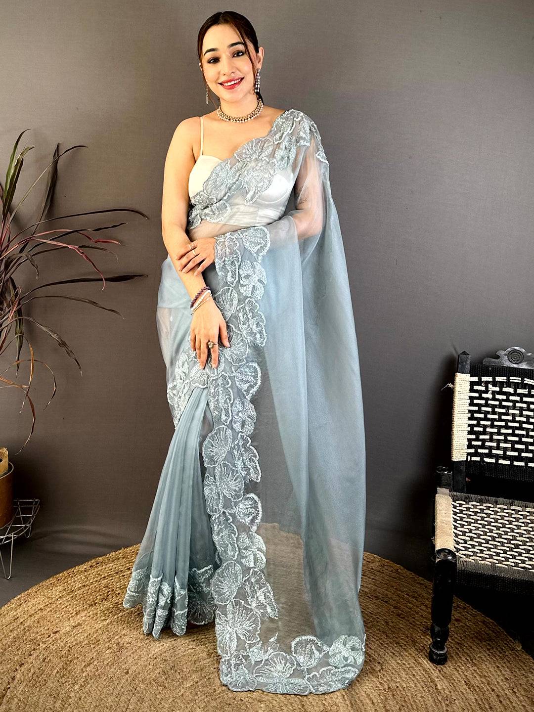 Radiant Heavy Pearl Work Organza Saree