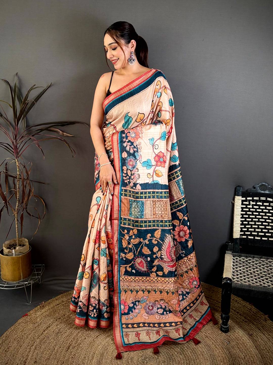 Classic Bright Pen Kalamkari Tussar Saree