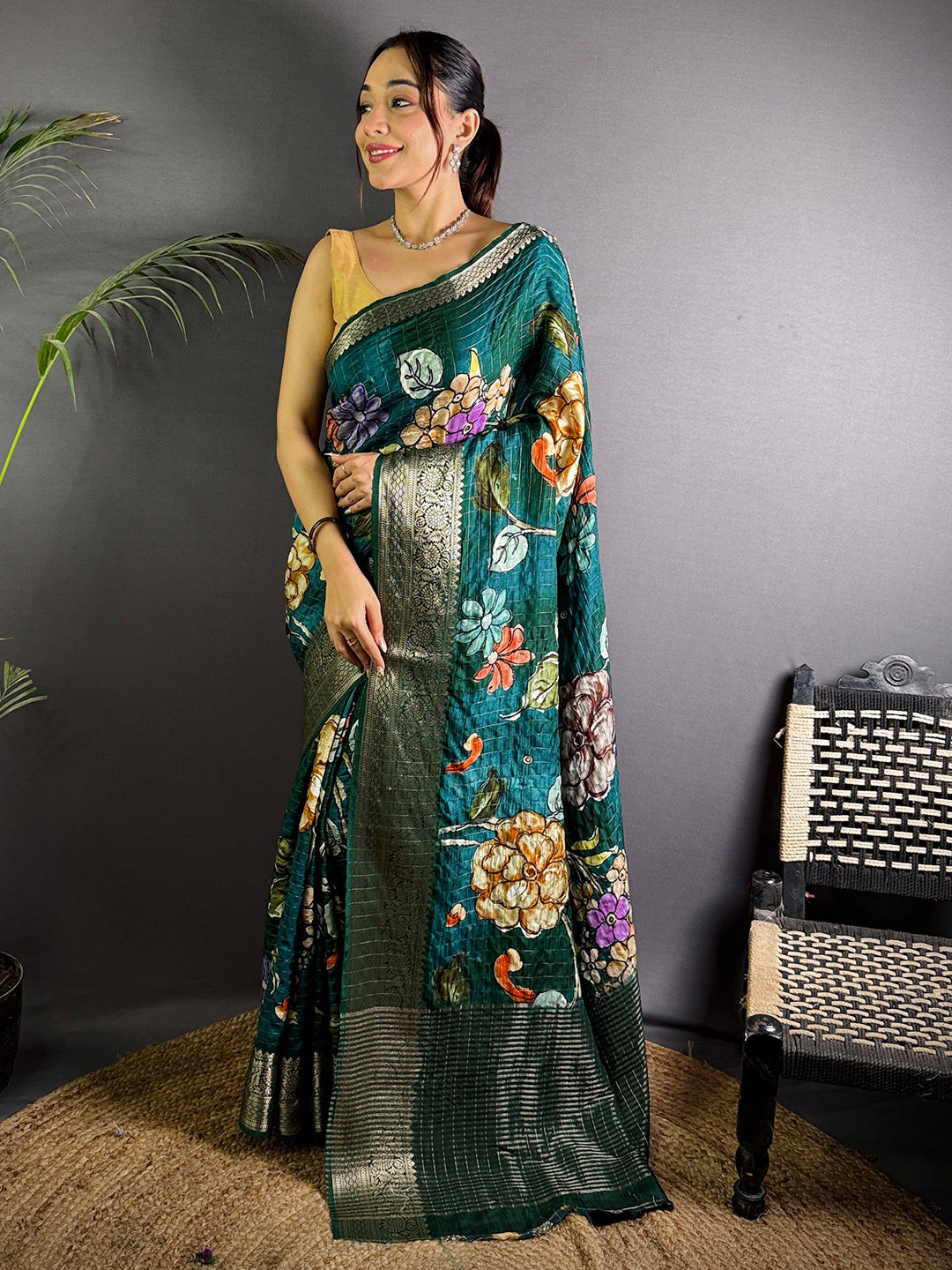 Teal Pure Viscose Kalalmkari Print Saree