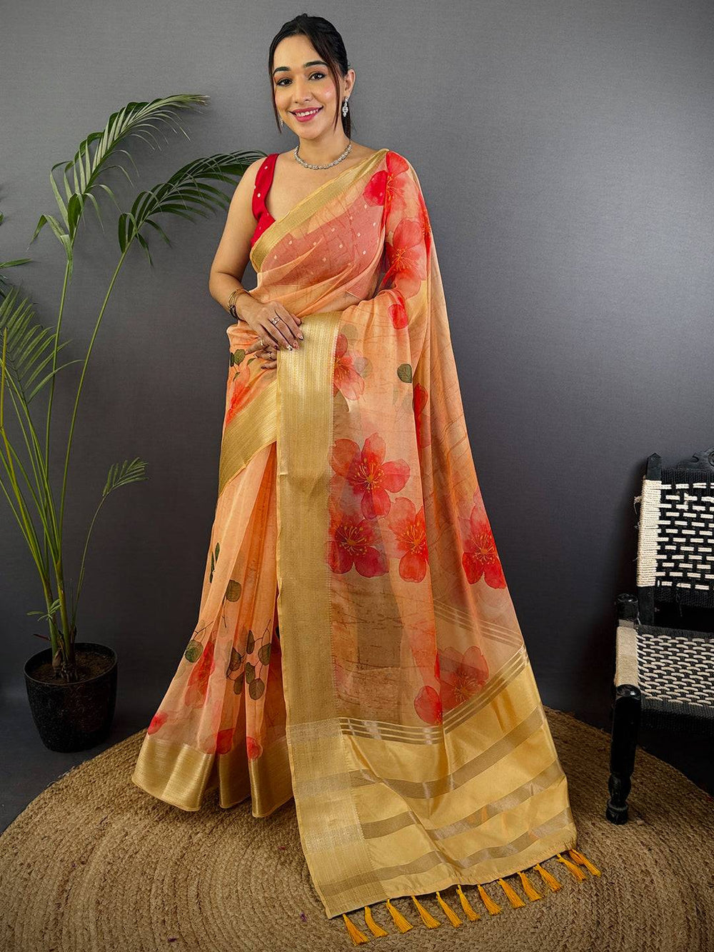 Peach Soft Organza Digital Print Saree