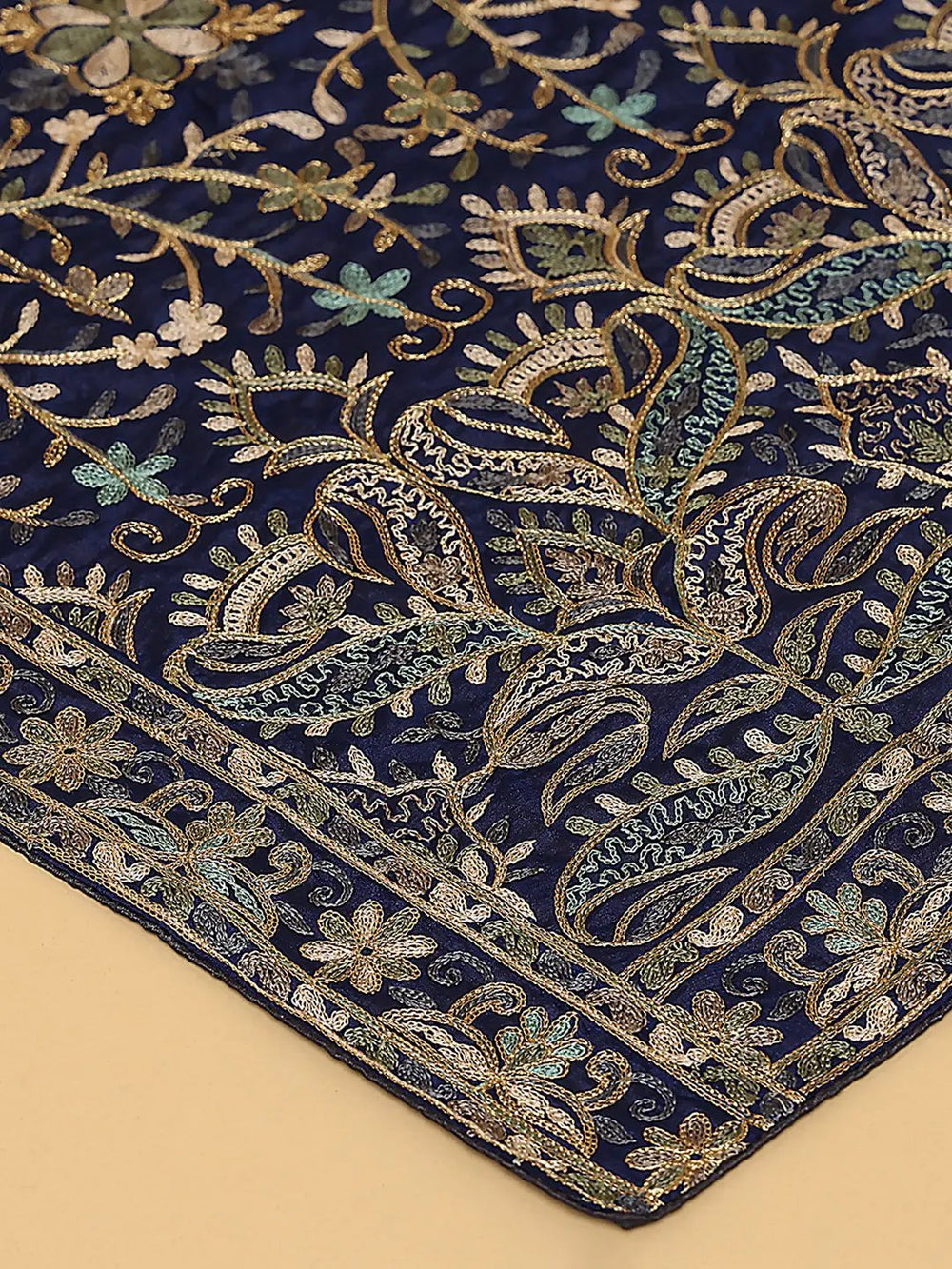 Close-up of navy chiffon dupatta with intricate threadwork