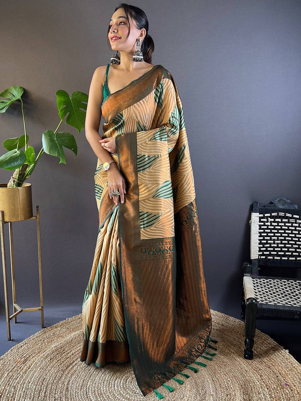 Full view of brown Tussar silk Ikkat saree with intricate designs.