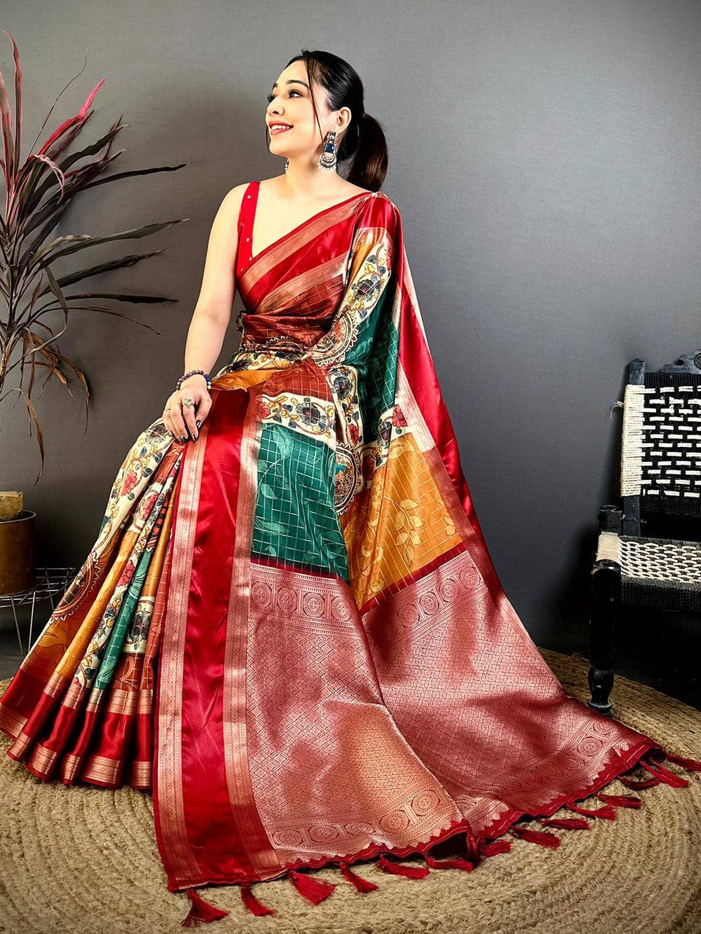 Multi Soft Silk Gadwal Kalamkari Saree