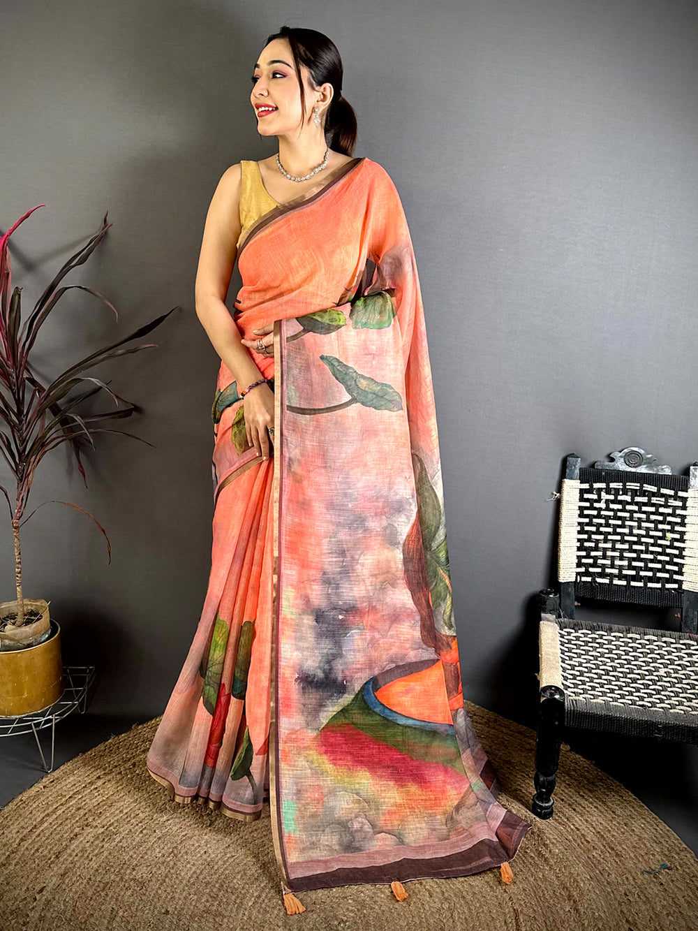 Peach Pen Kalamkari Linen Saree