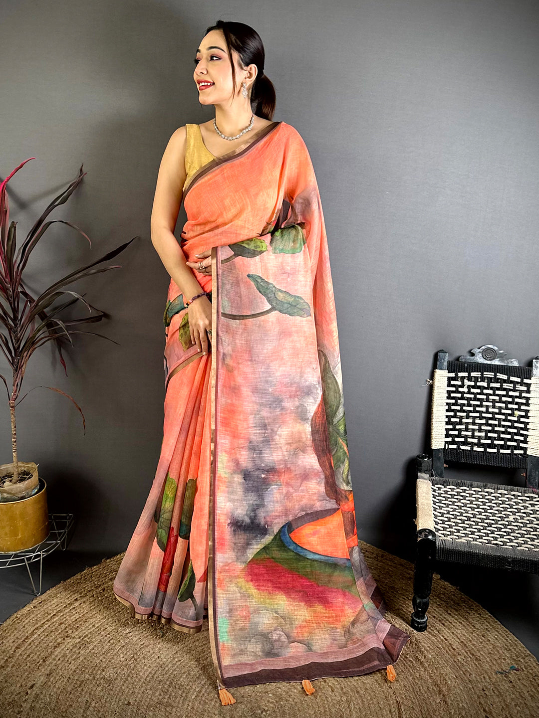 Peach Pen Kalamkari Linen Saree