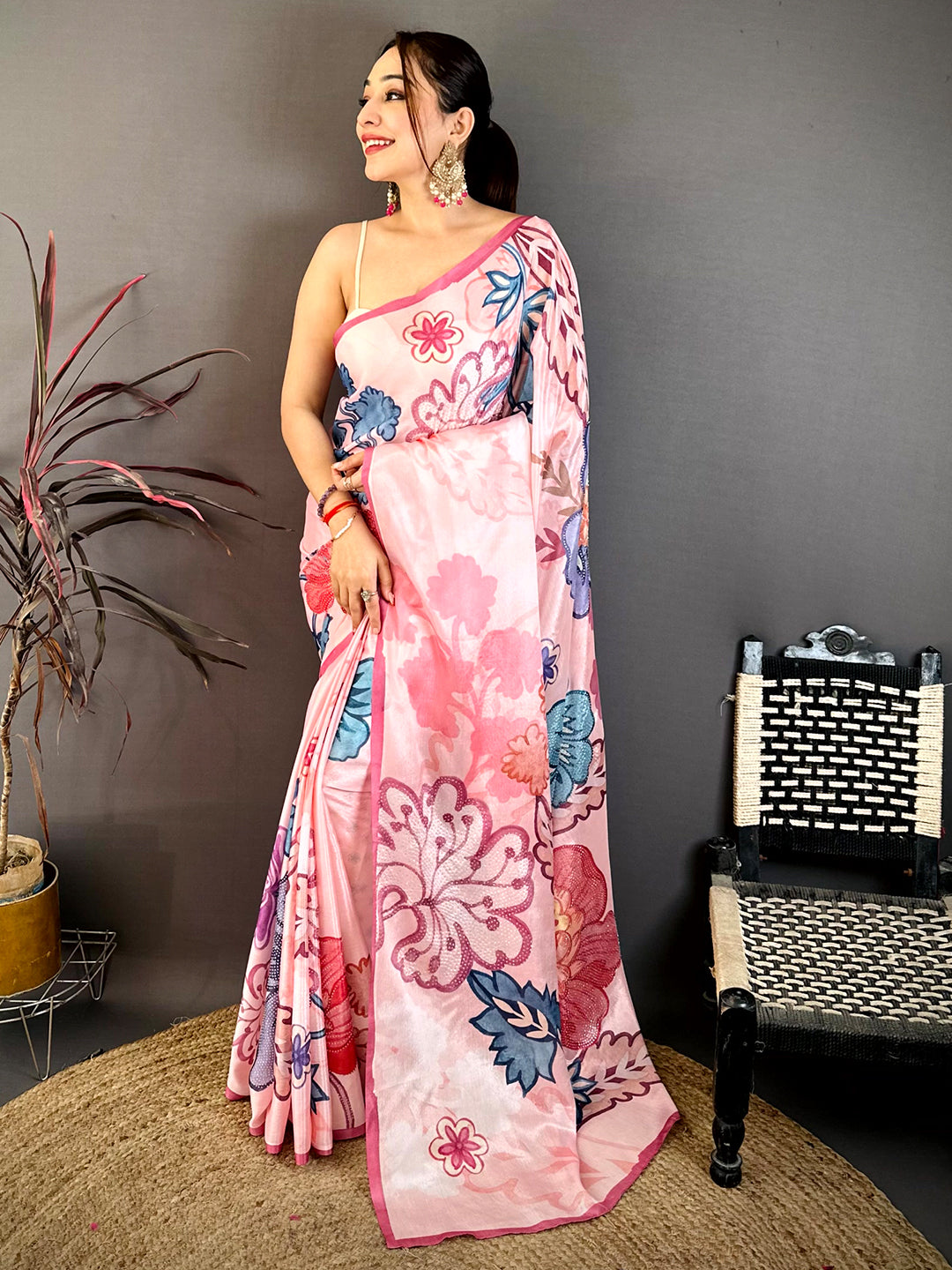 Stylish Chinnon Chiffon Floral Swarovski Saree

