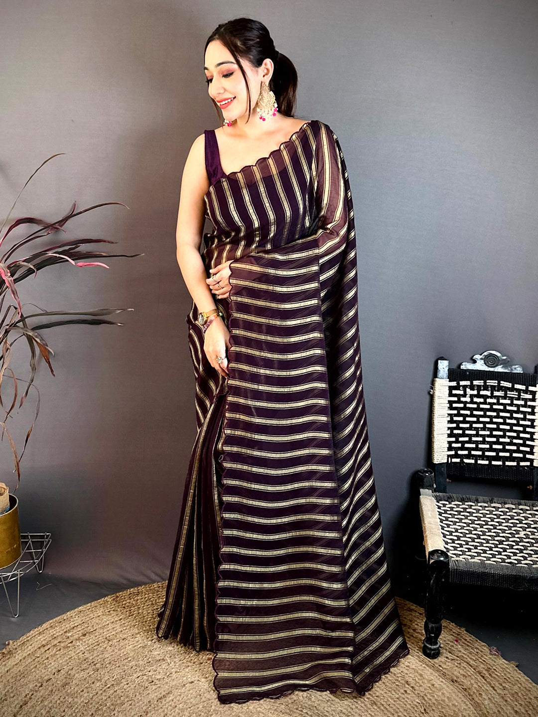 Coffee Brown Gold Zari Stripe Chiffon Saree