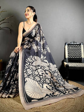 Classic Black Kalamkari Print Tussar Saree