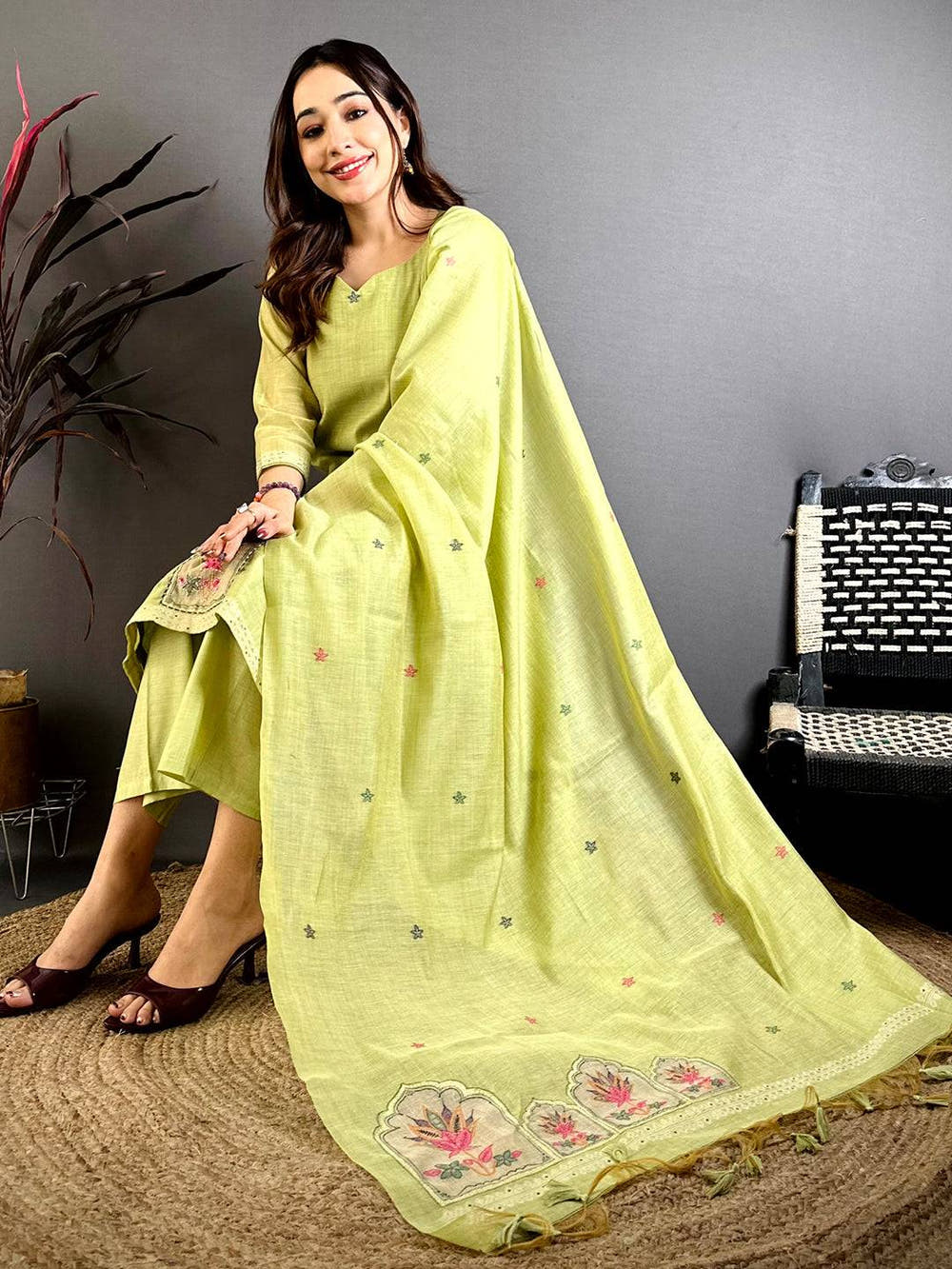 Lime Green Hand Embroidered Suit Set