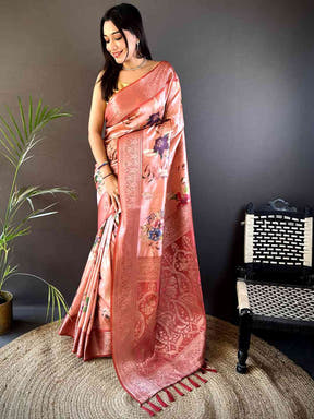 Coral Bamboo Silk Floral Saree