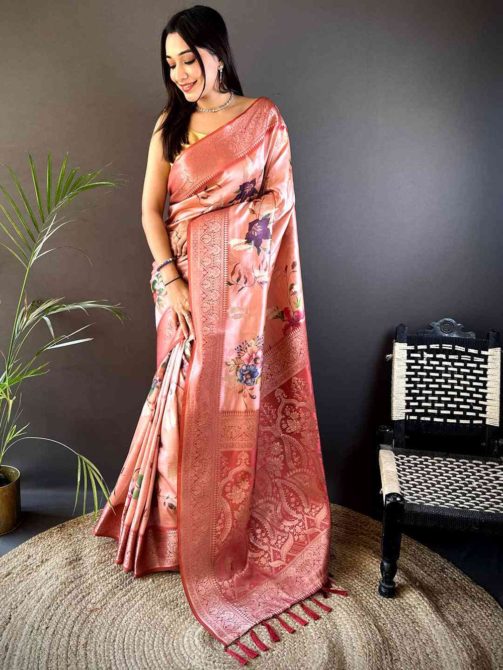 Coral Bamboo Silk Floral Saree