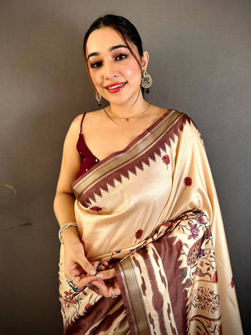 Regal Gold Lakda Patta Kalamkari Saree