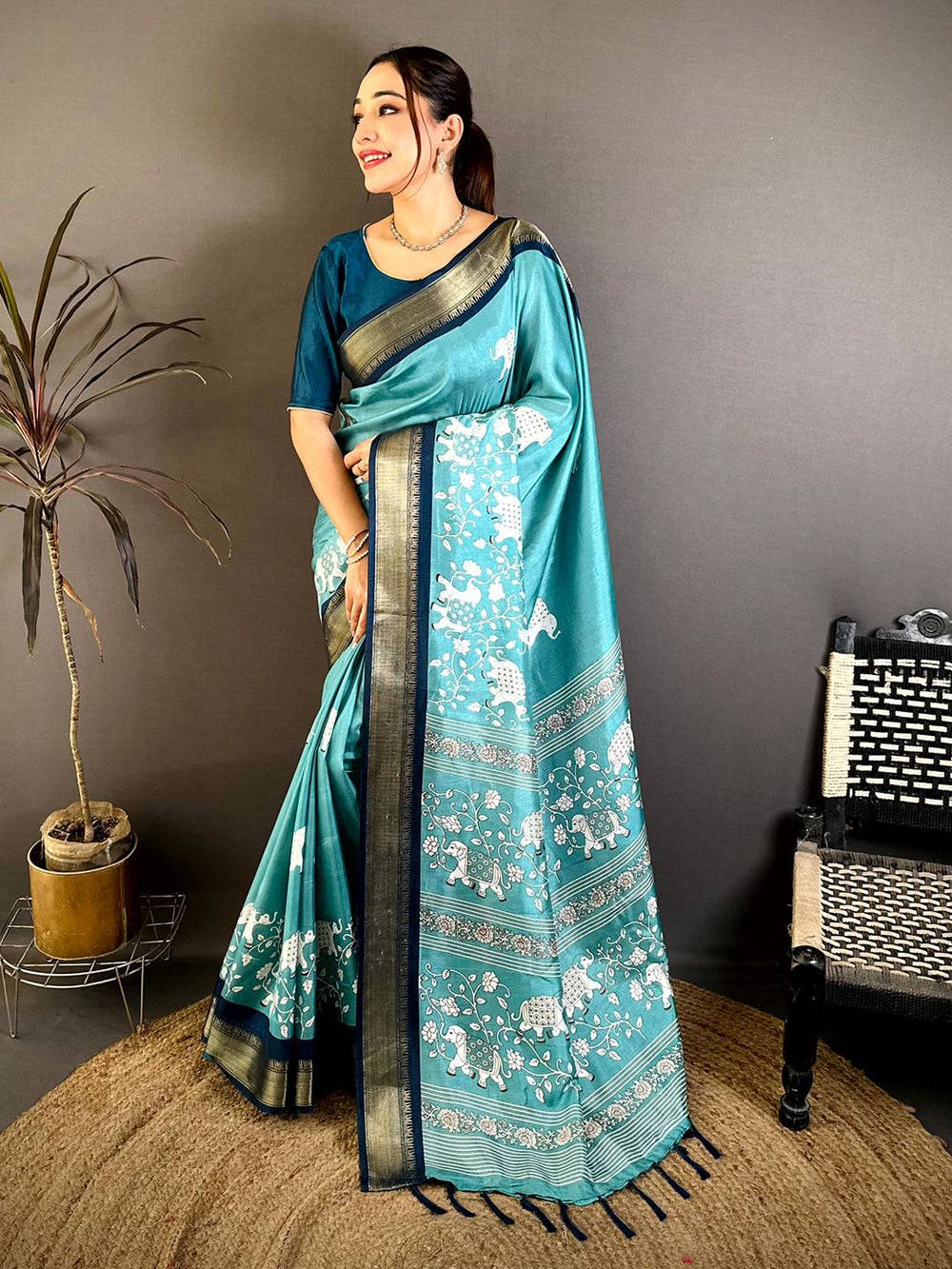 Aqua Soft Dola Block Kalamkari Zari Saree