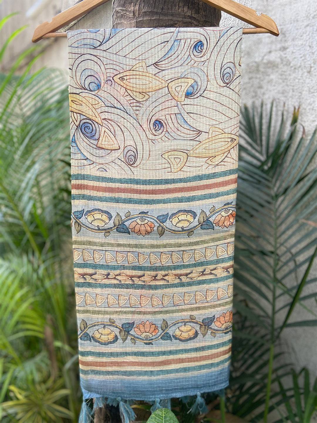 Sky Blue Kota Doriya Silk Saree With Flower Kalamkari Print