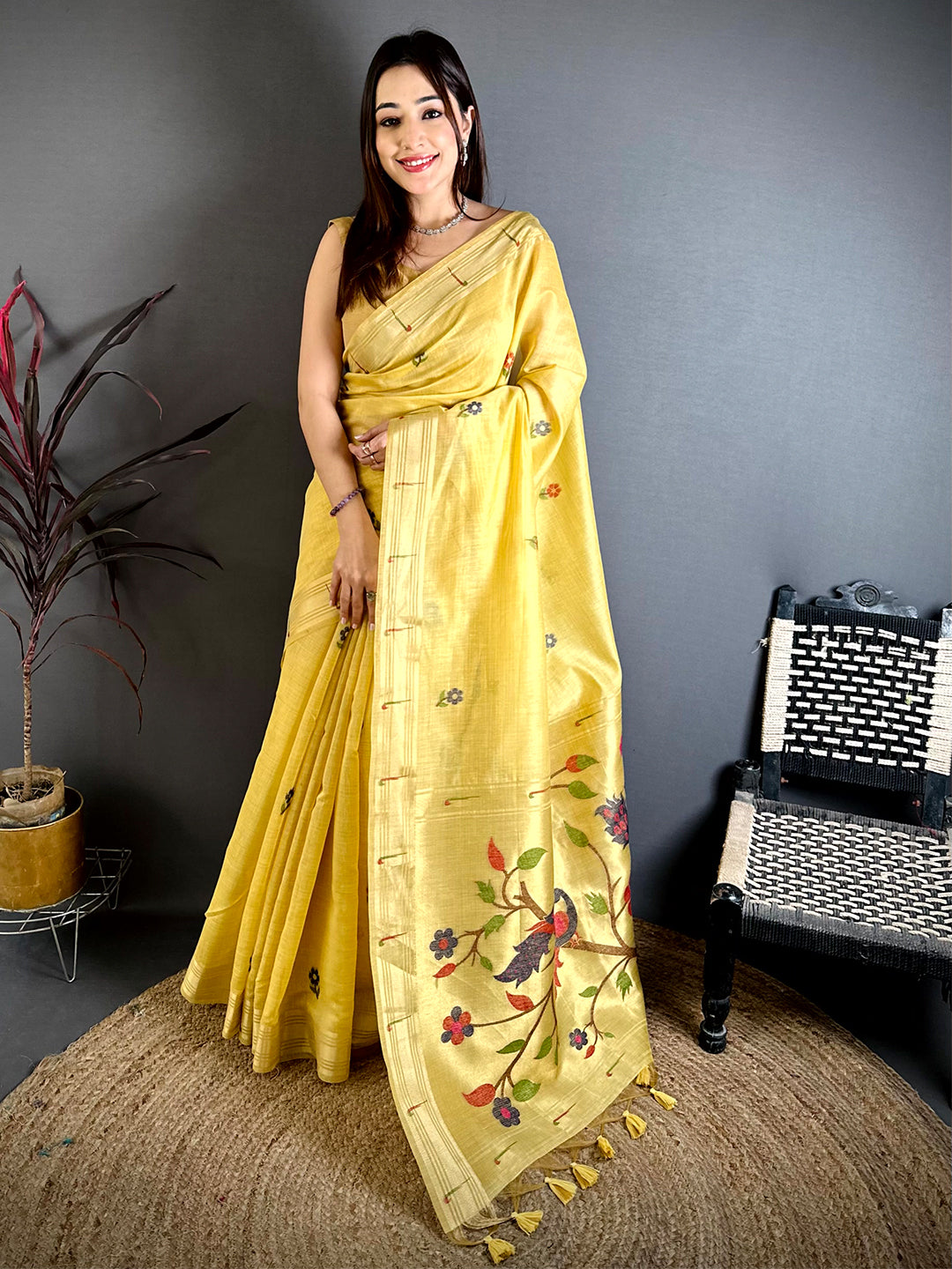 Yellow Sunflower Minakari Khadi Saree