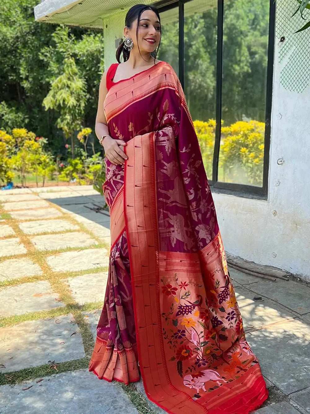 Magenta wine Paithani silk saree with floral design