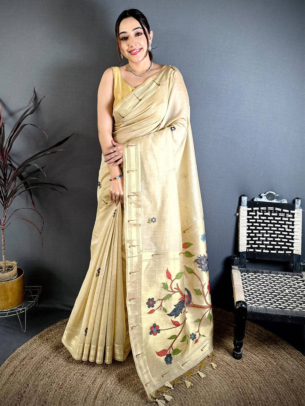 Cream Sunflower Minakari Khadi Saree


