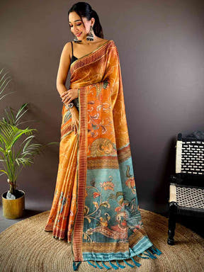 Orange Floral Chanderi Saree