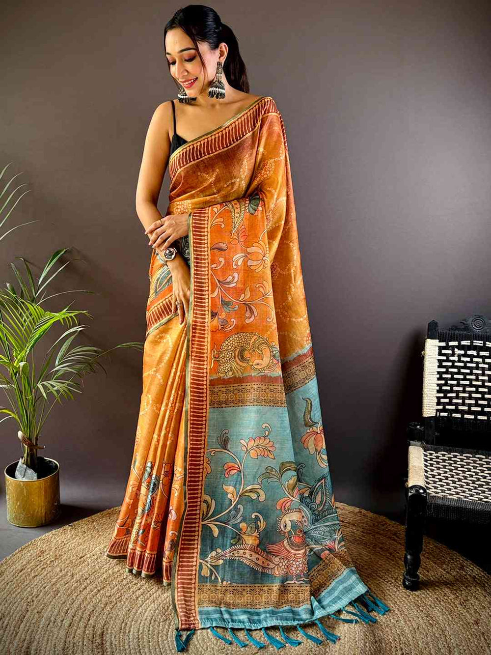 Orange Floral Chanderi Saree