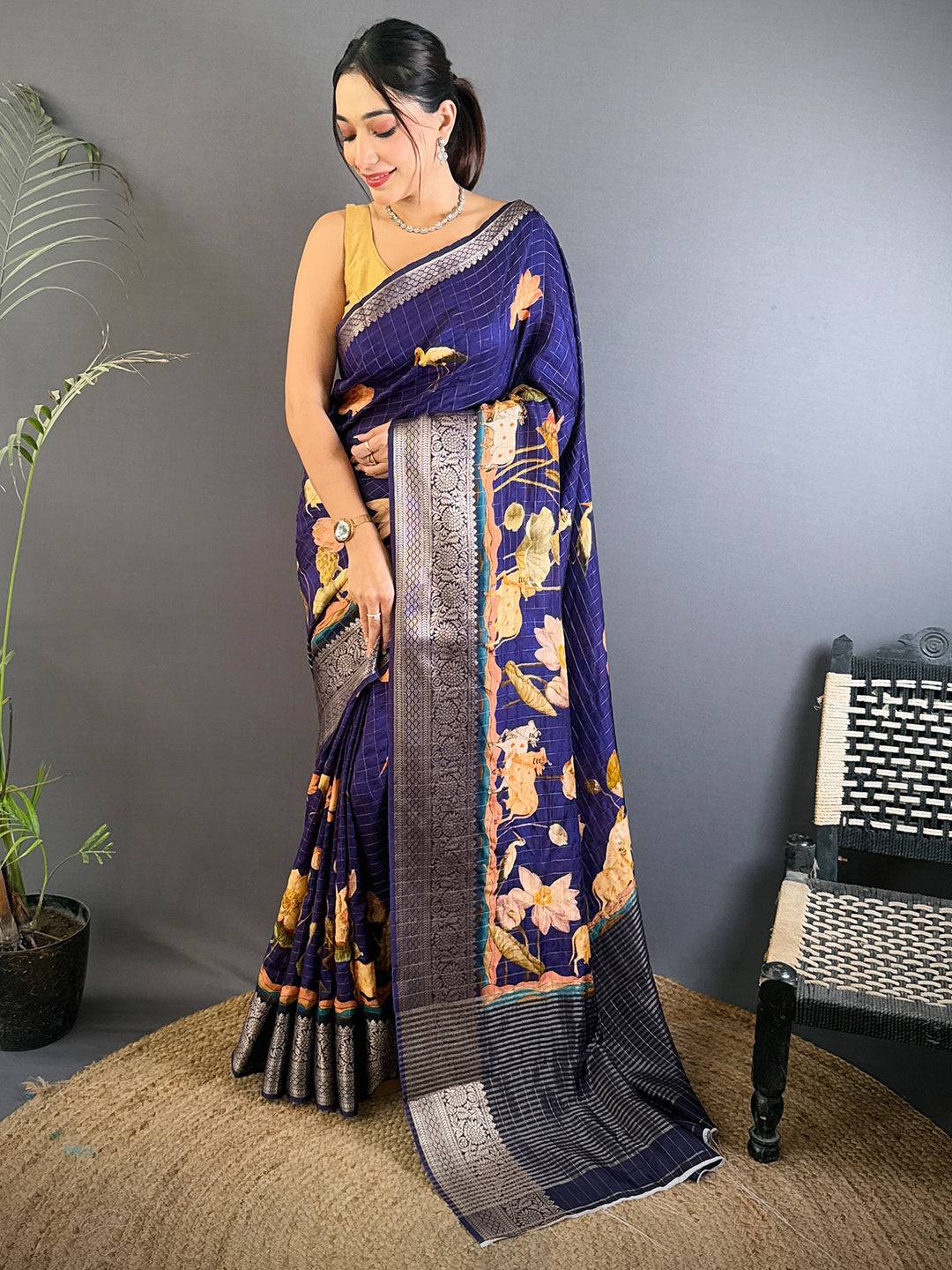 Elegant Navy Blue Viscose Kalamkari Saree