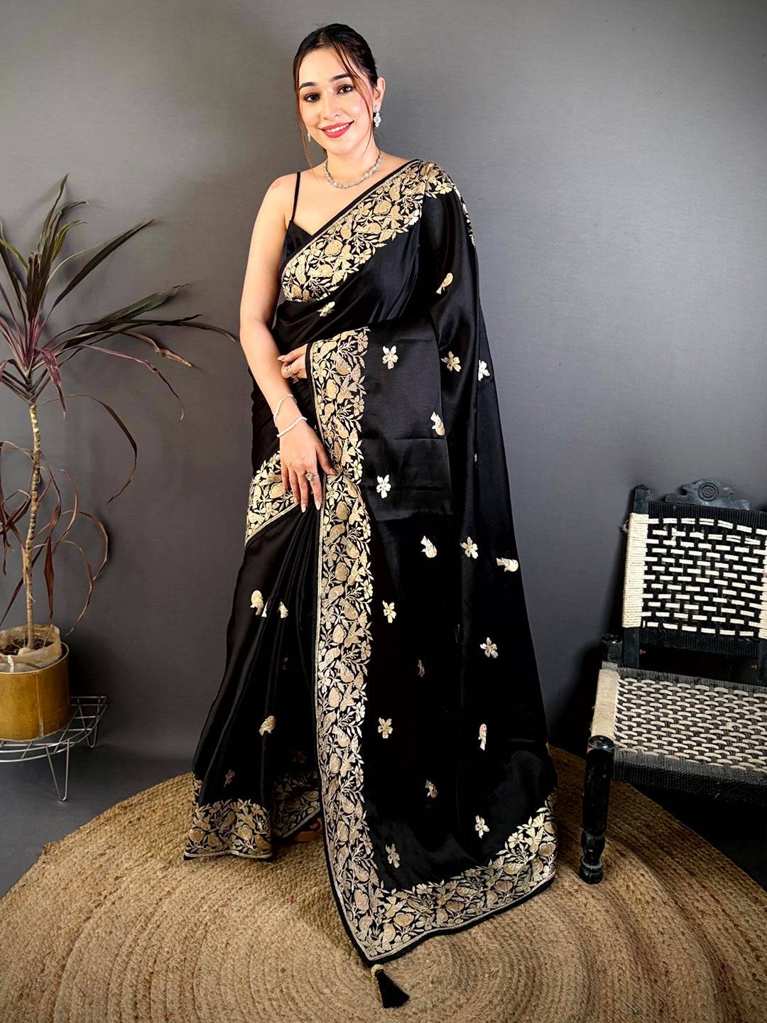 Black Aari Bird Work Soft Satin Saree