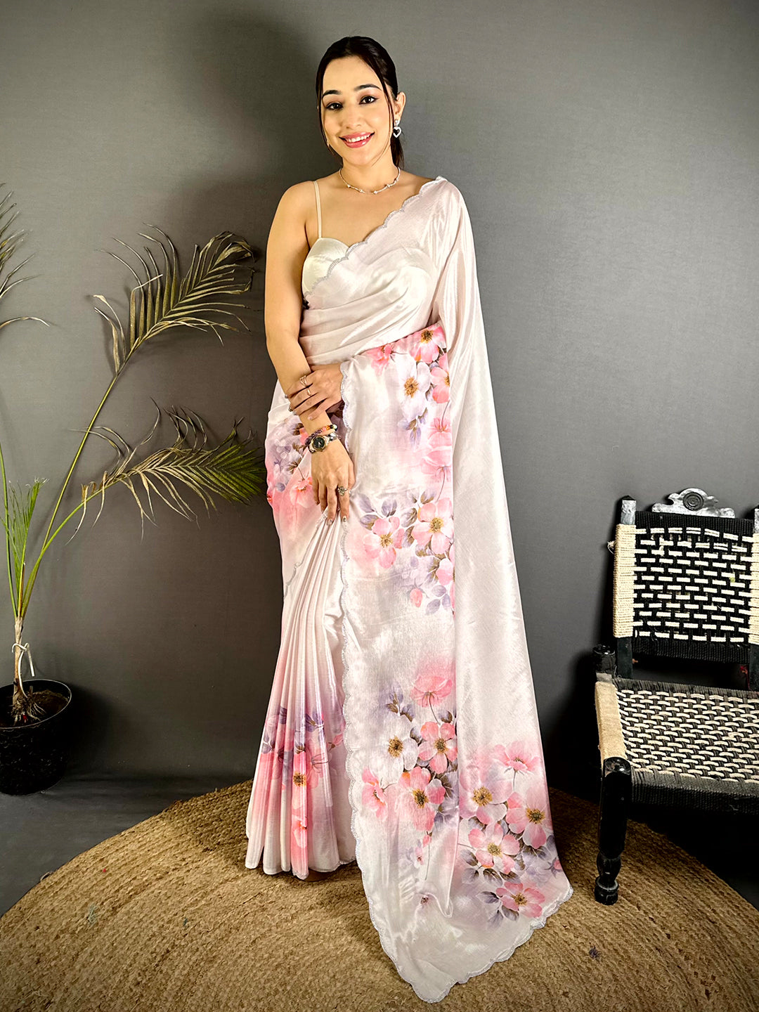 Classic Floral Print Chiffon Saree