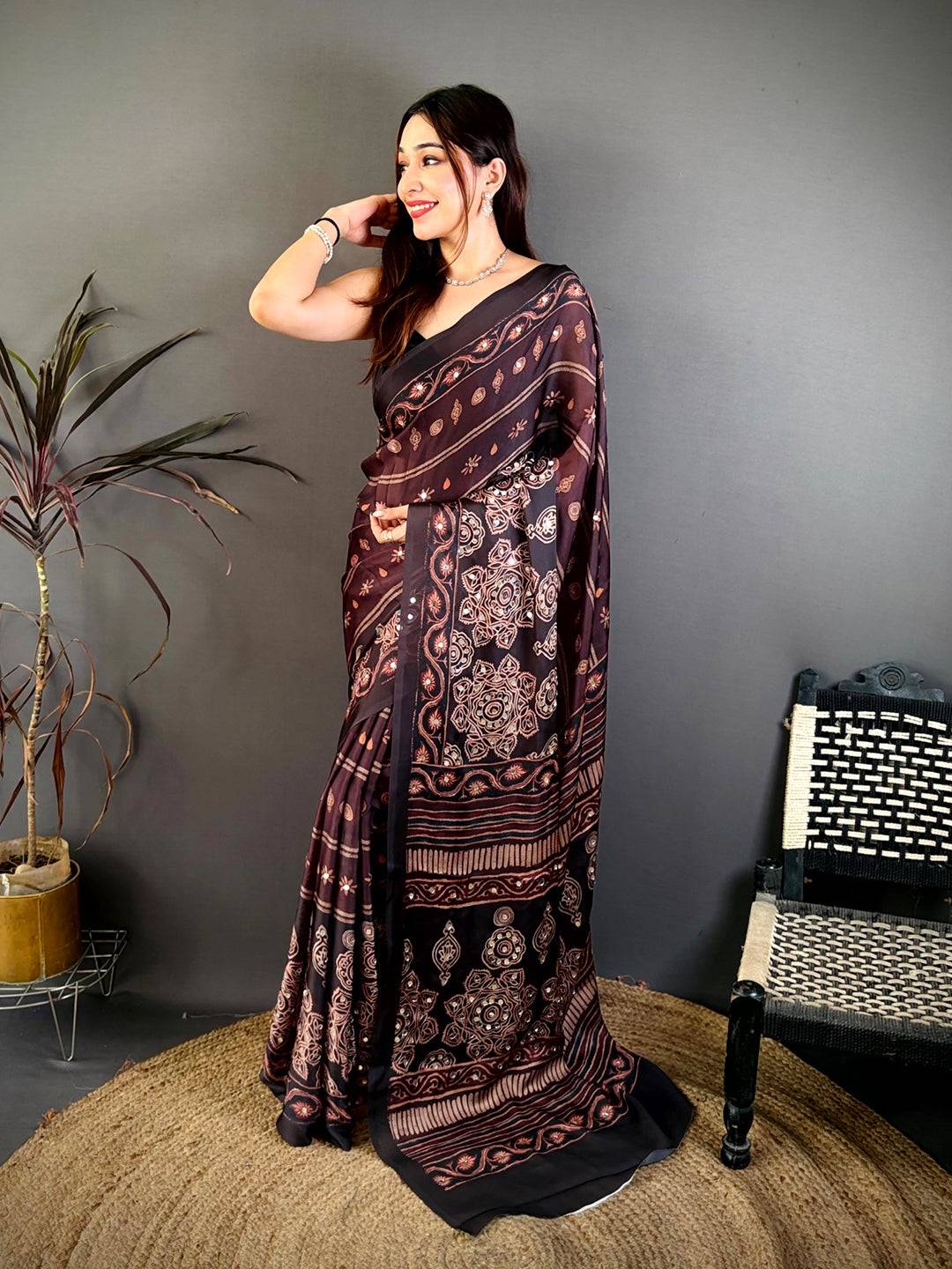 Coffee Brown Soft Georgette Printed Saree