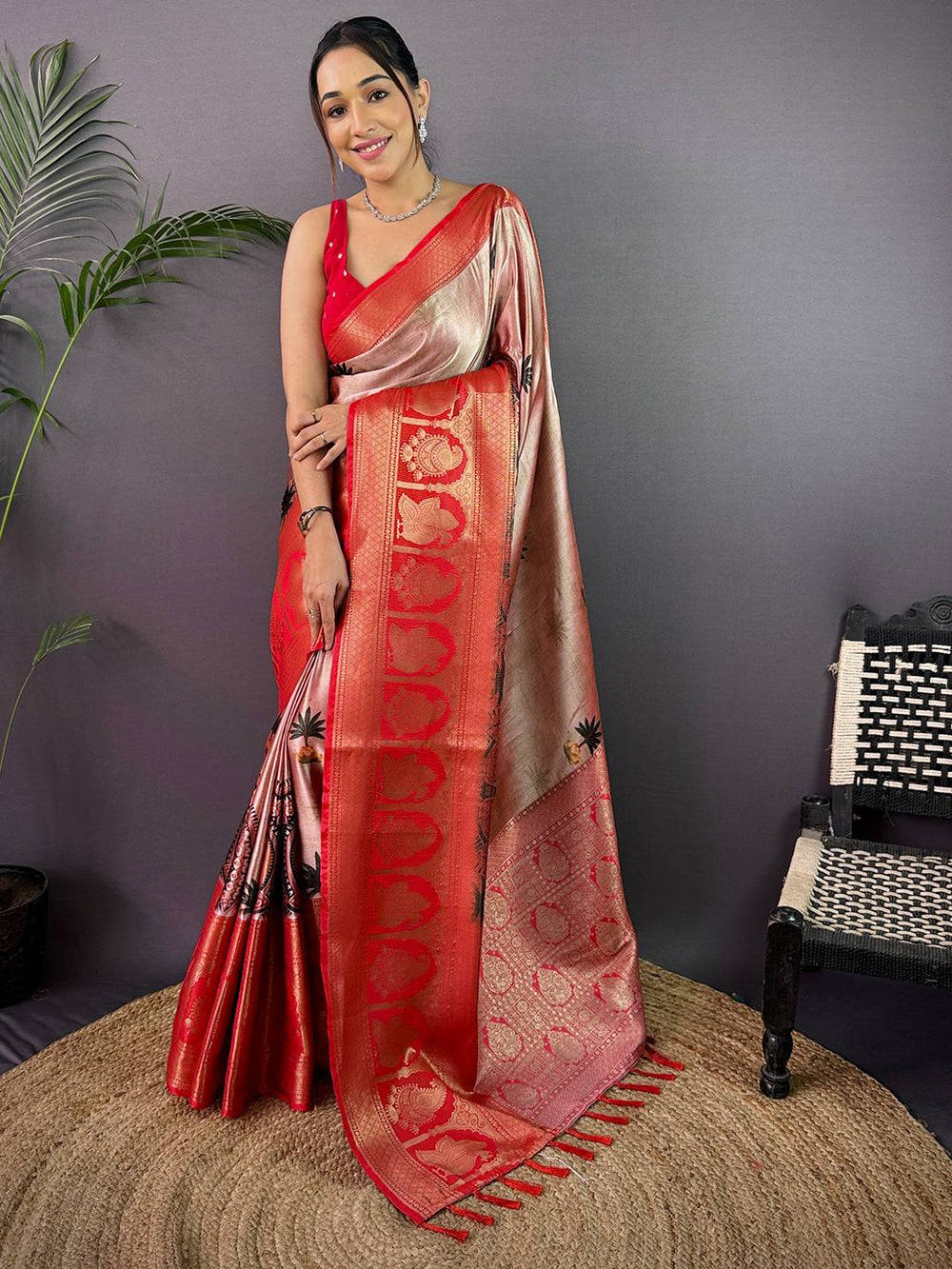 Elegance Soft Cherry Satin Kalamkari Print Saree