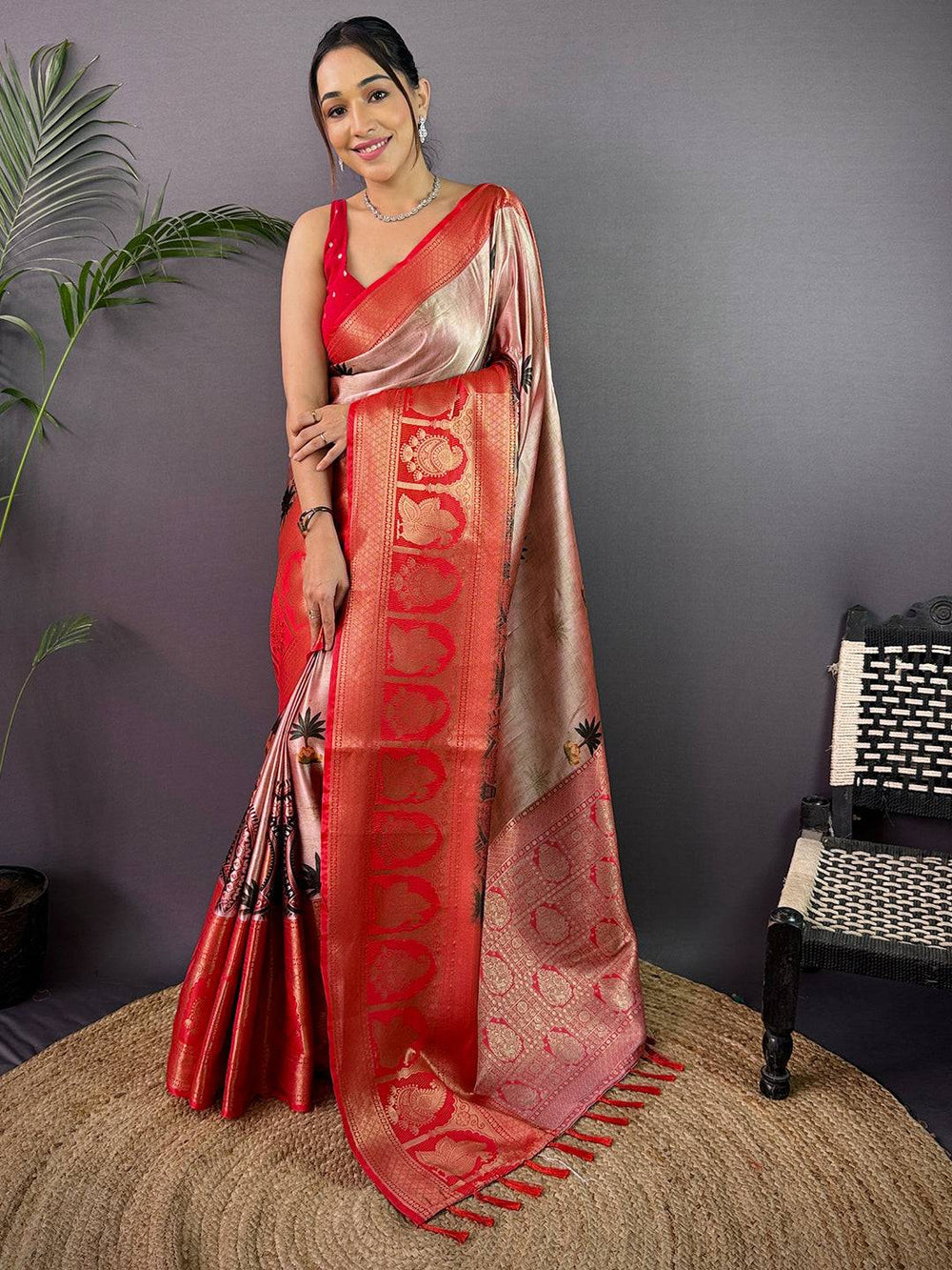 Elegance Soft Cherry Satin Kalamkari Print Saree