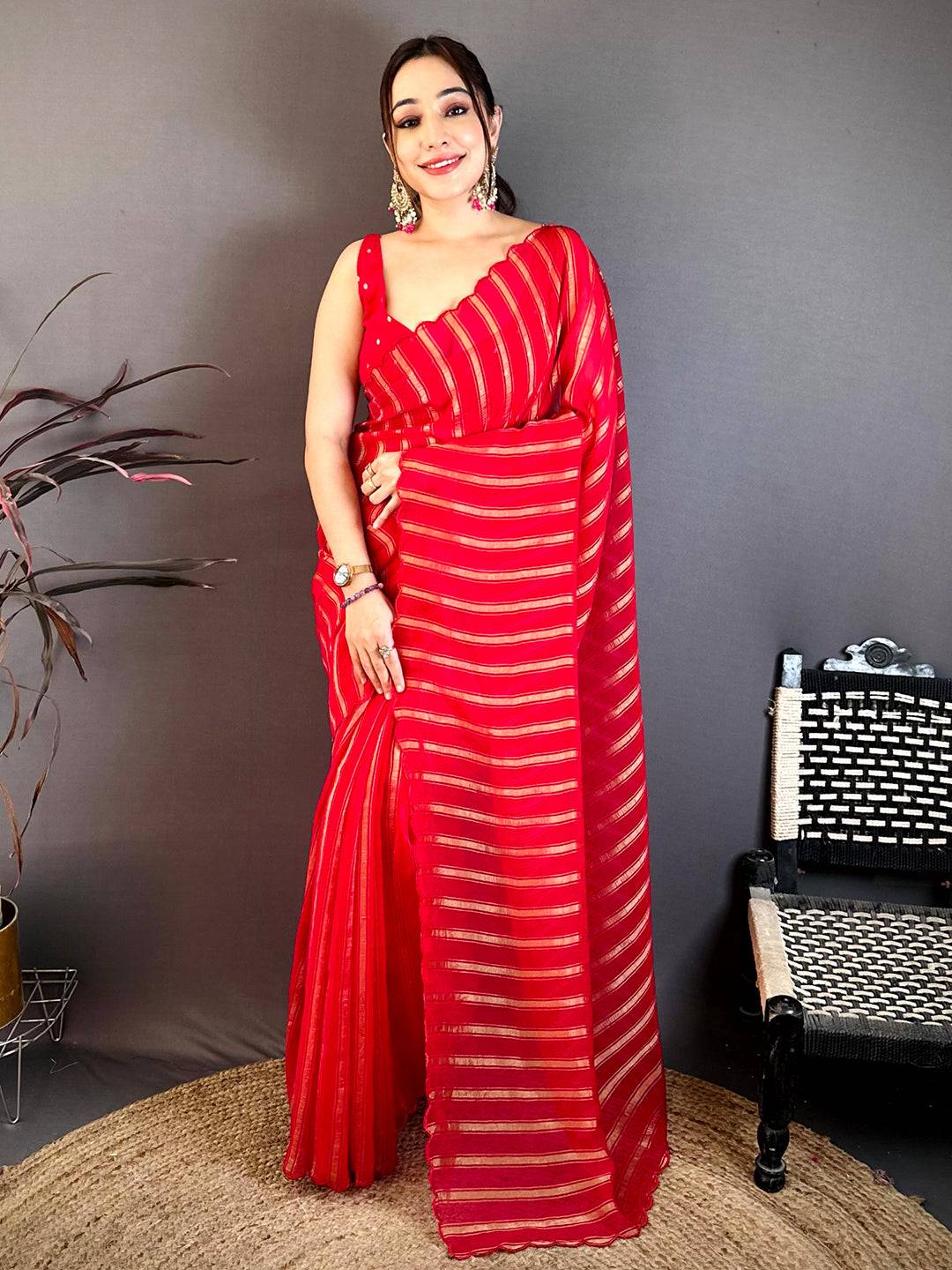 Pink Gold Zari Stripe Chiffon Saree
