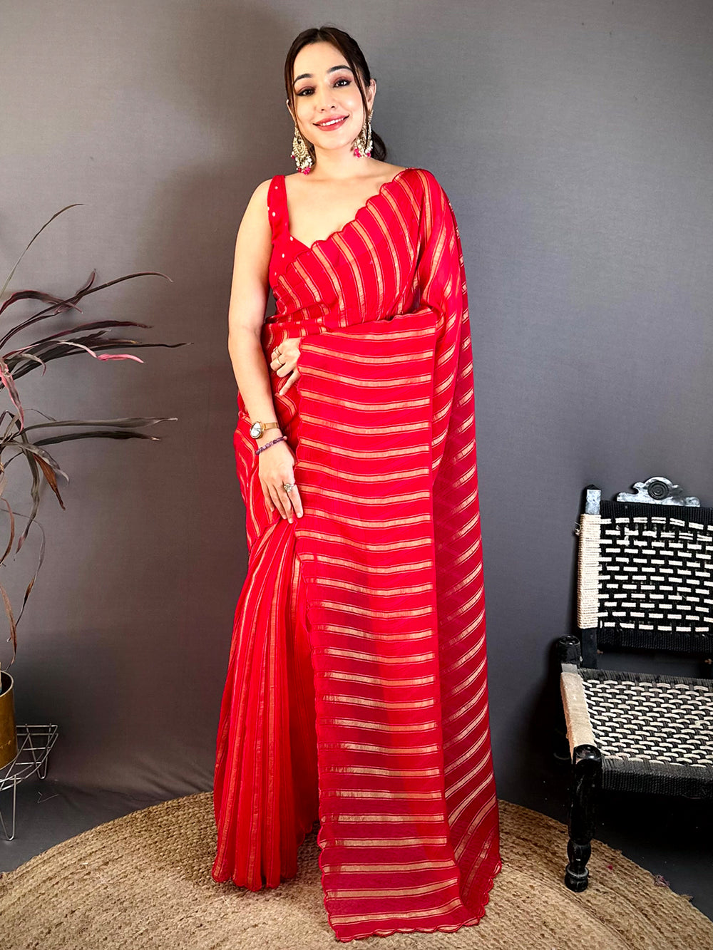 Pink Gold Zari Stripe Chiffon Saree