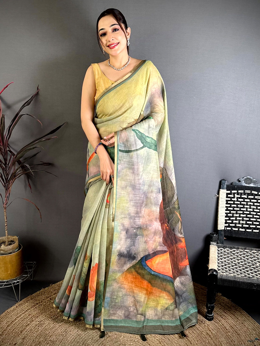 Olive Pen Kalamkari Linen Saree