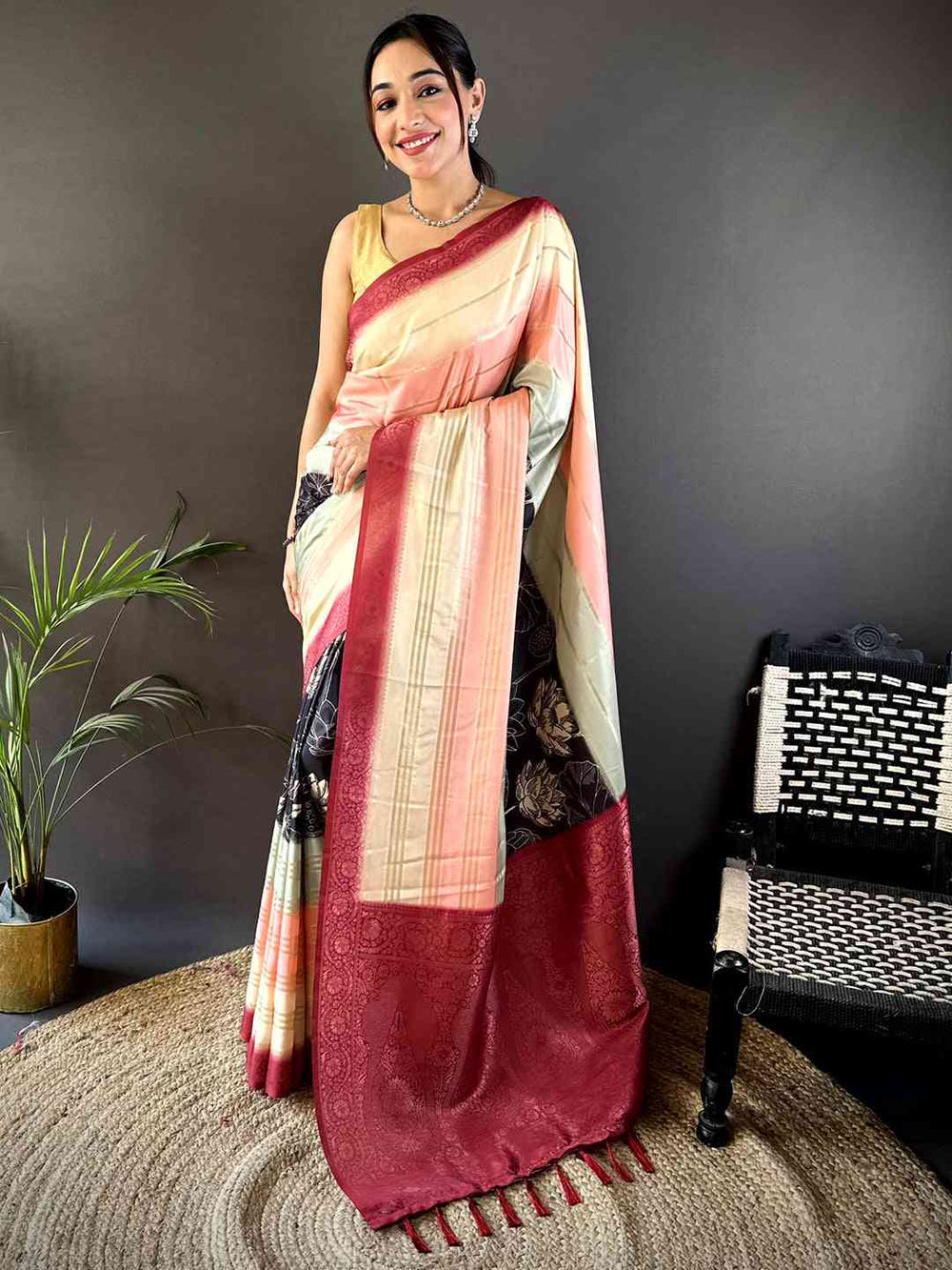 Cream Kalamkari Ombre Crepe Silk Saree