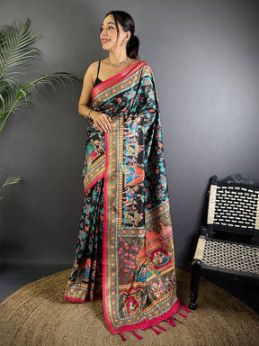 Black Soft Silk Pashmina Kashmiri Print Saree

