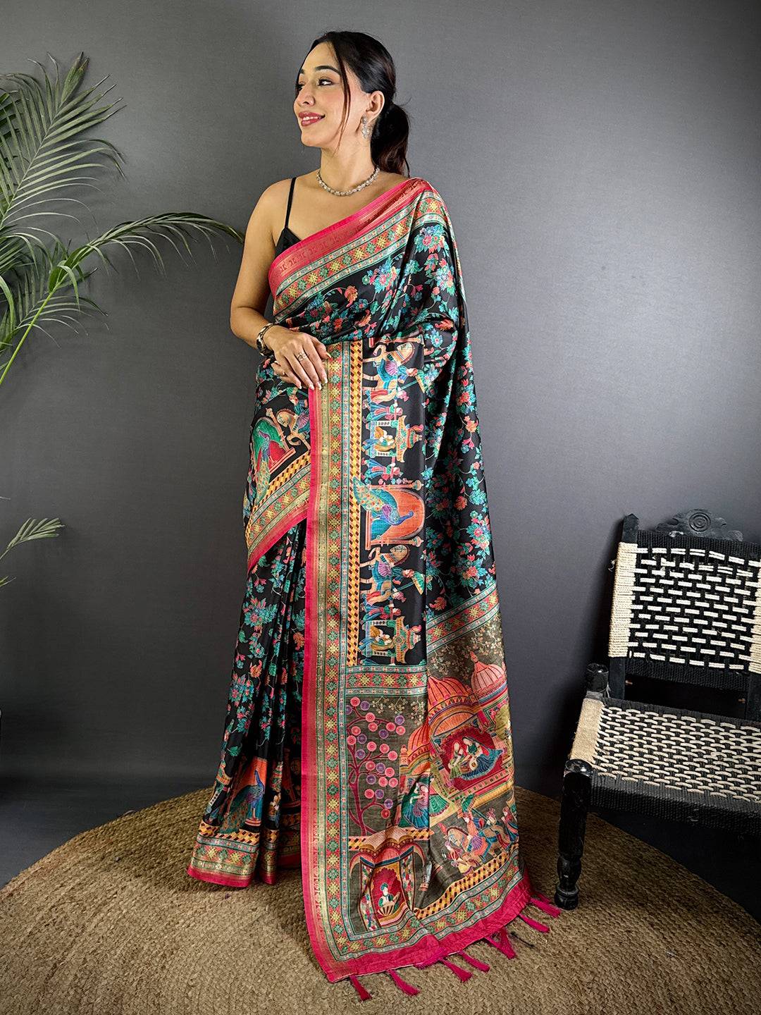 Black Soft Silk Pashmina Kashmiri Print Saree

